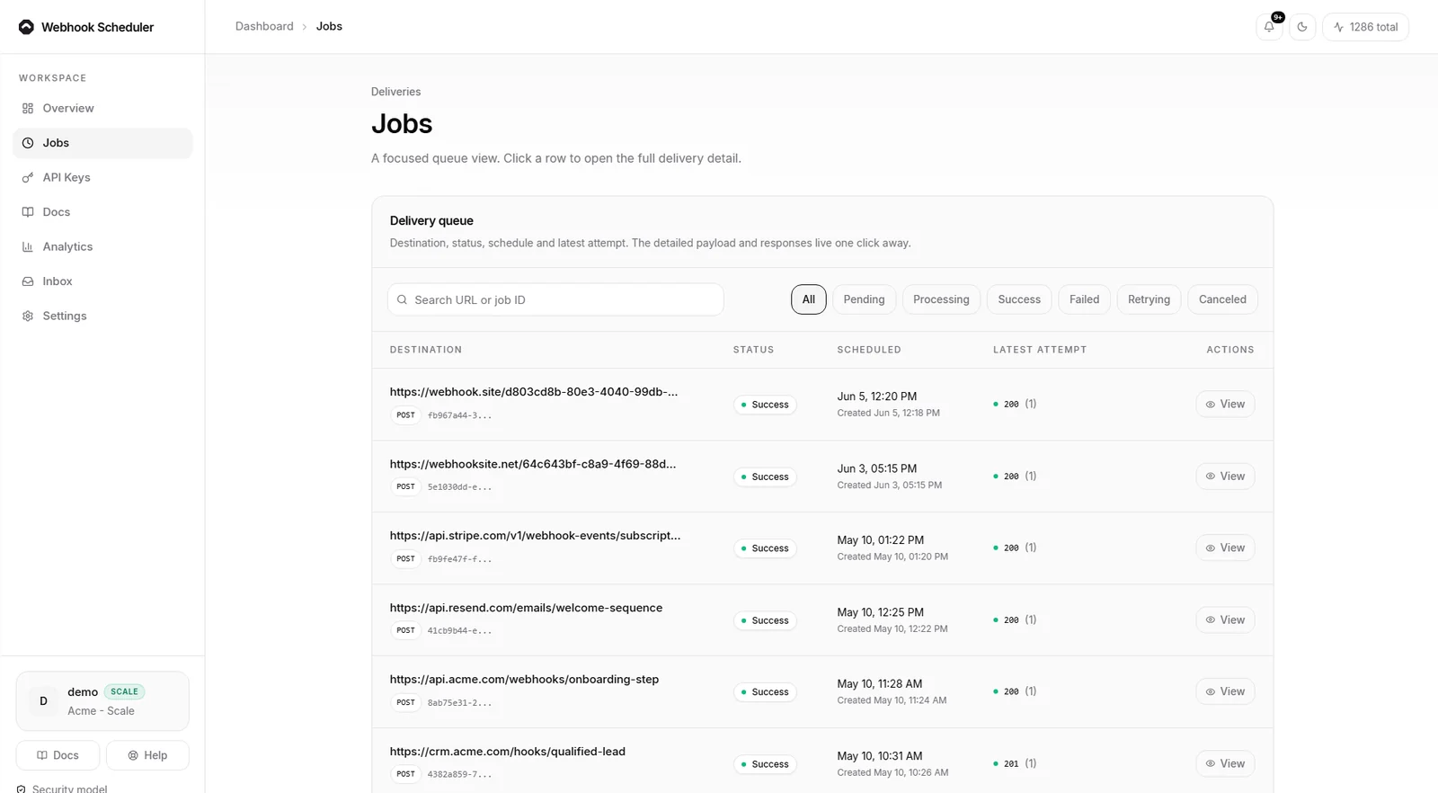 Webhook Scheduler delivery queue showing scheduled endpoints, delivery status, execution time, and latest HTTP attempt